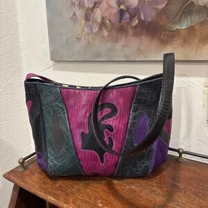 Sharif Patchwork Leather Embossed Shoulder Bag Purple Black Y2K Baguette